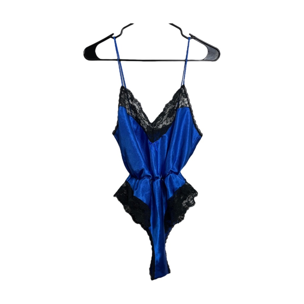 Vintage Juliana Electric Blue Black Lace Lingerie Teddy Bodysuit Size Medium